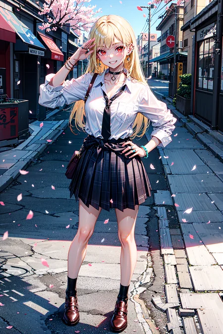 masterpiece, best quality, salute, hand on hip, full body,
1girl, bangs, black choker, black necktie, blonde hair, blue skirt, blush, bracelet, breasts, choker, clothes around waist, collarbone, collared shirt, cowboy shot, dress shirt, ear piercing, eyebrows visible through hair, gradient hair, grin, gyaru, jewelry, kogal, long hair, looking at viewer, loose necktie, necktie, piercing, plaid, plaid skirt, pleated skirt, red eyes, ring, school uniform, shirt, skirt, smile, solo, white shirt,
street, sky, cherry blossoms, petals,