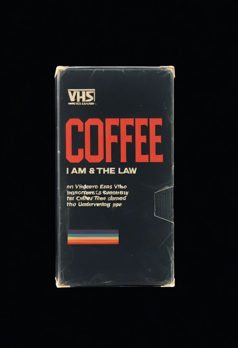 vhs-box, text focus, english text, "I AM THE LAW" text, vhs casette, retrowave, BREAK  judge dredd movie vhs box, jdgdrdd on the cover,  helmet, red eyes, coffee cup, military uniform, BREAK red stripes, sans serif font, retro, logo parody, vhs black case, E-180, logo parody, VHS, "COFFEE" text, handwriting, masking tape overlay, object focus