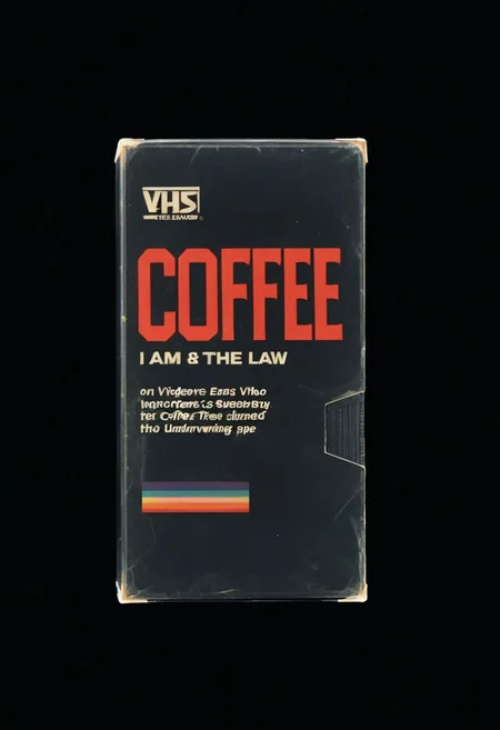 vhs-box, text focus, english text, "I AM THE LAW" text, vhs casette, retrowave, BREAK  judge dredd movie vhs box, jdgdrdd on the cover,  helmet, red eyes, coffee cup, military uniform, BREAK red stripes, sans serif font, retro, logo parody, vhs black case, E-180, logo parody, VHS, "COFFEE" text, handwriting, masking tape overlay, object focus