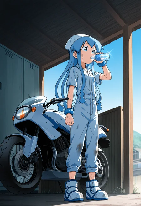 1girl, <lora:ikmsm_illustrious_v6:1> ikmsm, ikamusume, white headwear, long hair, (jumpsuit:1.3), (safety shoes:1.4), dirty, 
drinking water, (hot:1.3), holding water bottle, 
in garage, standing motorcycle, blue sky, full body, 4fingers,
general, masterpiece, best quality, very aesthetic, absurdres, perfect lighting, anime coloring,