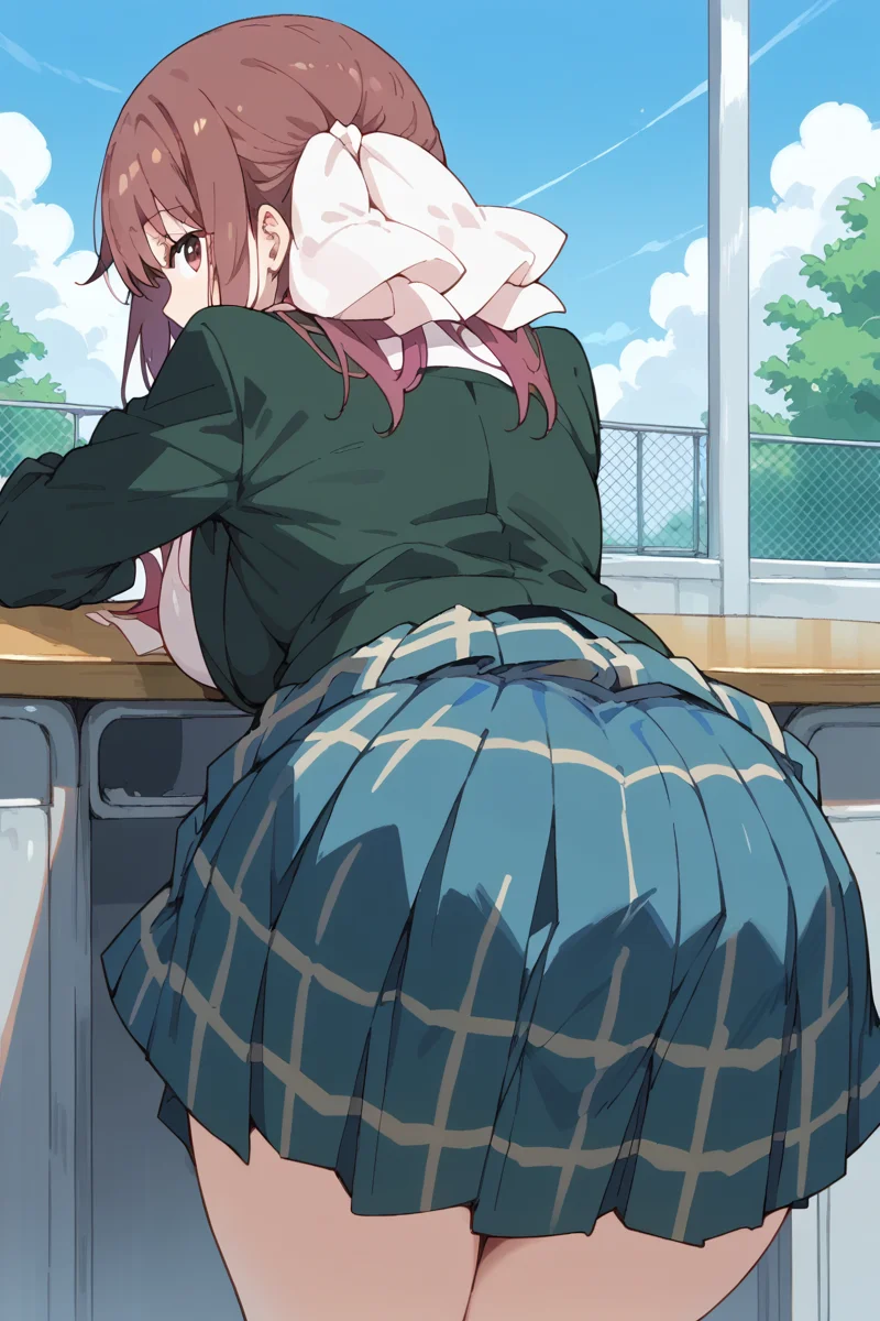 score_9, score_8_up, score_7_up, score_6_up,
<lora:Haruka_Takayama:1> haruka, 1girl, solo, skirt, school uniform, bent over, from behind, plaid skirt, plaid, breasts, brown hair, big breasts, ribbon, hair ribbon, look back
