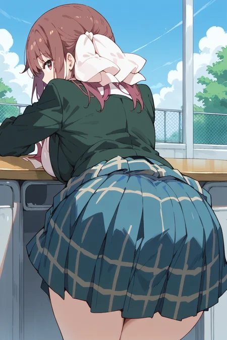 score_9, score_8_up, score_7_up, score_6_up,
<lora:Haruka_Takayama:1> haruka, 1girl, solo, skirt, school uniform, bent over, from behind, plaid skirt, plaid, breasts, brown hair, big breasts, ribbon, hair ribbon, look back