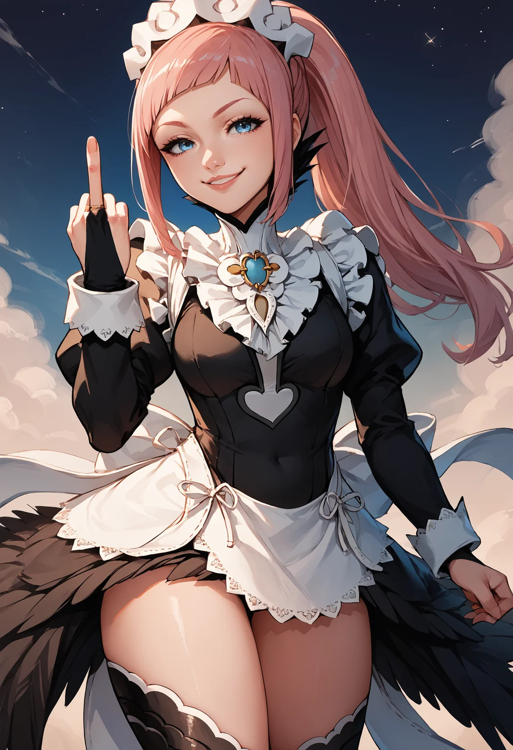 score_9, score_8_up, score_7_up, source_anime BREAK 1girl, solo, <lora:felicia-fe-richy-v2_pdxl:1> flcdf, blue eyes, pink hair, long hair, ponytail, maid headdress, black feathered collar, blue brooch, breasts, maid, juliet sleeves, maid apron, bridal gauntlets, black thighhighs, thighs, standing, looking at viewer, smile, lips, middle finger, smug