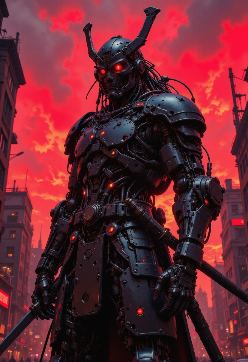 CAICO, detailed photorealistic image, a_skynet_cyberdyne_craft, the image is featuring a cyberdyne cyberpunk samurai robot, with samurai helemt, glowing red eyes, shiny tungsten armour, adorned with intricate, metallic details, including bolts, wires, and mechanical components, giving it a highly advanced, industrial military look, holding a katana, standing on a smoky city street with ruins. The sky is an ominous red, with stormy clouds, sunset