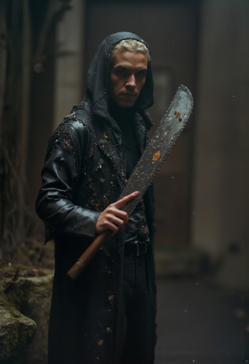 A man with a chainsaw AS his hand, 80s synthwave style, translucent DARK-amber velvet high collar blouse, the face shrouded in darkness, a Large hooded Linen Cape with Highlights and Ornaments, soothing volumetric lighting, ultra detailed, deep Blacks, very detailed, atmospheric haze, Film grain, cinematic film still, shallow depth of field, highly detailed, high budget, cinemascope, moody, epic