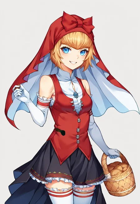 score_9, score_8_up, score_7_up, source_anime, BREAK, solo, 1girl, <lora:DDLC-pdxl_Fp:0.8>, standing, smile, simple background, looking at viewer, cowboy shot, <lora:Idun-pdxl-DoRA_Fp:1>, idunnsmt, short hair, blonde hair, blue eyes, veil, red bow, red dress, vest, frilled skirt, white gloves, elbow gloves, white thighhighs, smile, bare shoulders, miniskirt, black skirt, basket,