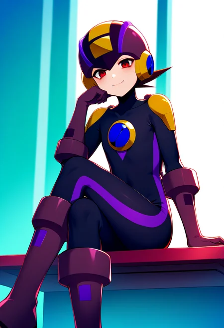 <lora:dark_megaman_V1-2:1>,dark megaman.exe,dark megaman.exe\(anime\),1boy,solo,male focus,sitting,crossed legs,helmet,gloves,bodysuit,smile,boots,window,head rest,looking at viewer,hand on own face,arm support,hand on own cheek,bags under eyes,closed mouth,on table,indoors,masterpiece,high score,great score,absurdres,