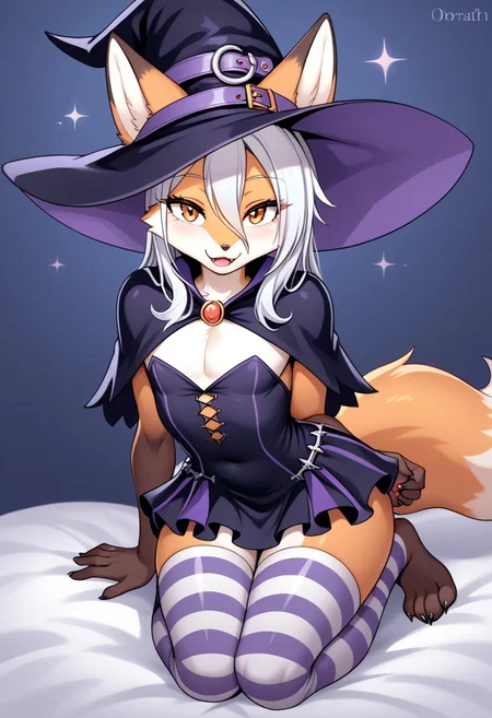 score_9, score_8_up, score_7_up, source_cartoon, 
Solo, one cute fox, male, girly body, posing seductively, (witch costume, short witch dress, ora ge striped leggings, anthropomorphic fox:1.4), on a bed, simple background, (dynamic view:1.2), SomSom Style, easynegative, negative_hand, muscle_mommy