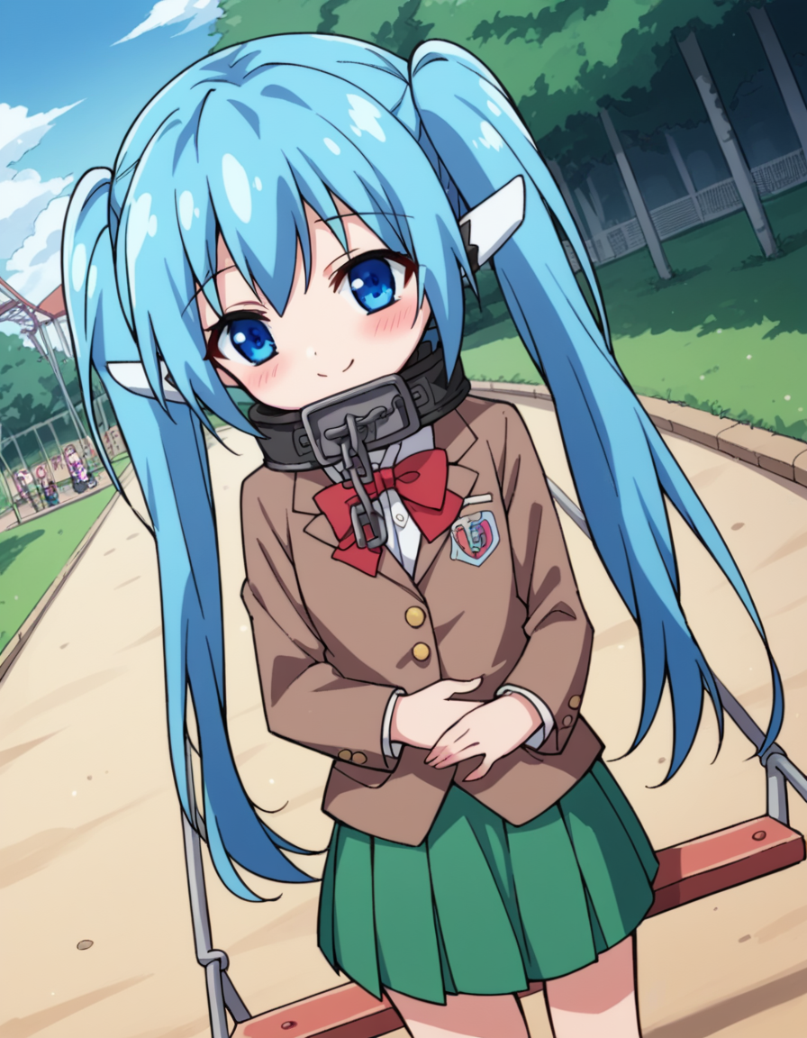 score_9, score_8_up, score_7_up, source_anime, <lora:otoshimono-nymph-s2-ponyxl-lora-nochekaiser:1>, nymph, long hair, blue eyes, twintails, blue hair, collar, chain,, school uniform, skirt, green skirt, pleated skirt, red bowtie, blazer, brown blazer,, public park, playground, swing set, laughter, sunny day, smile, hand on stomach, blush,, looking at viewer, solo,, dutch angle, cowboy shot