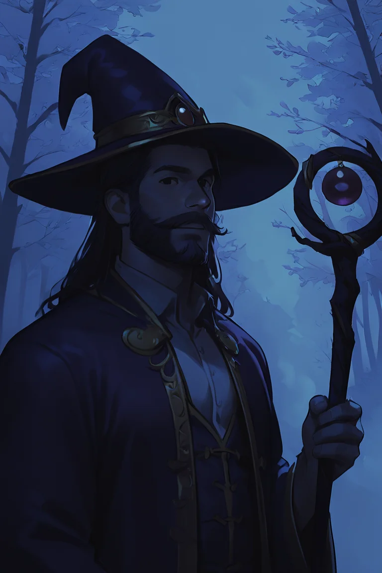 score_9, score_8_up, score_7_up, rating_safe, dark theme, low light, 1boy, solo, male focus, mature male, wizard, long hair, brown hair, black eyes, looking at viewer, hat, facial hair, beard, mustache, staff, wizard hat, purple hat, shirt, collared shirt, robe, purple robe, cloak, holding, holding staff, upper body, standing, outdoors, forest, nature, tree, fog, dark background <lora:Smooth Night Style SDXL_LoRA_Pony Diffusion V6 XL:1>