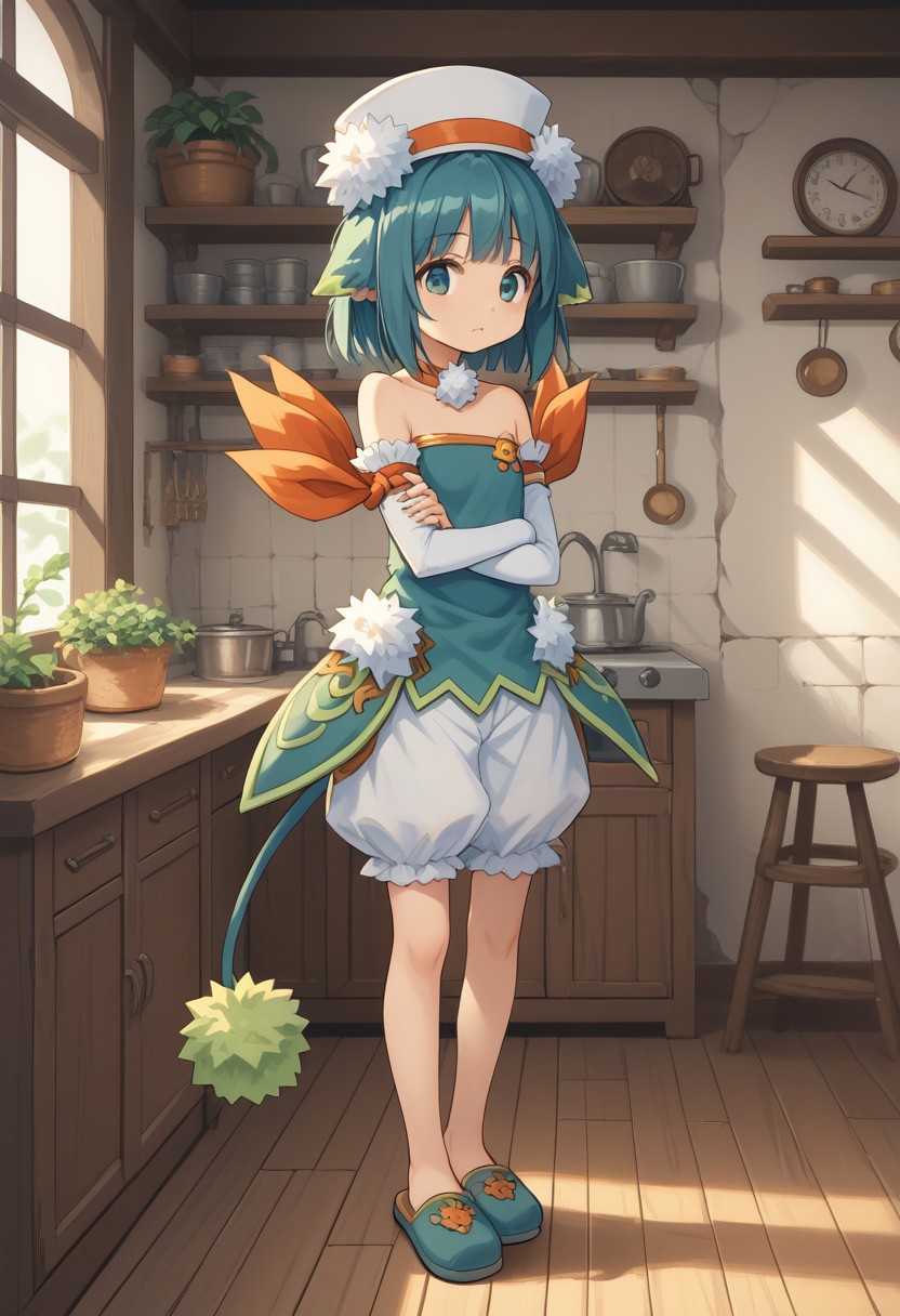 score_8, score_8_up, score_7_up, source_anime, anime screenshot BREAK 1girl, female focus, solo, Rufeel_SCS, monster girl, hat, animal ears, aqua hair, pom pom (clothes), choker, strapless shirt, bare shoulders, green shirt, puffy shorts,  elbow gloves, fingerless gloves, ribbon, tail, slippers, WoodenHW, background, indoor, fantasy, rating_safe,