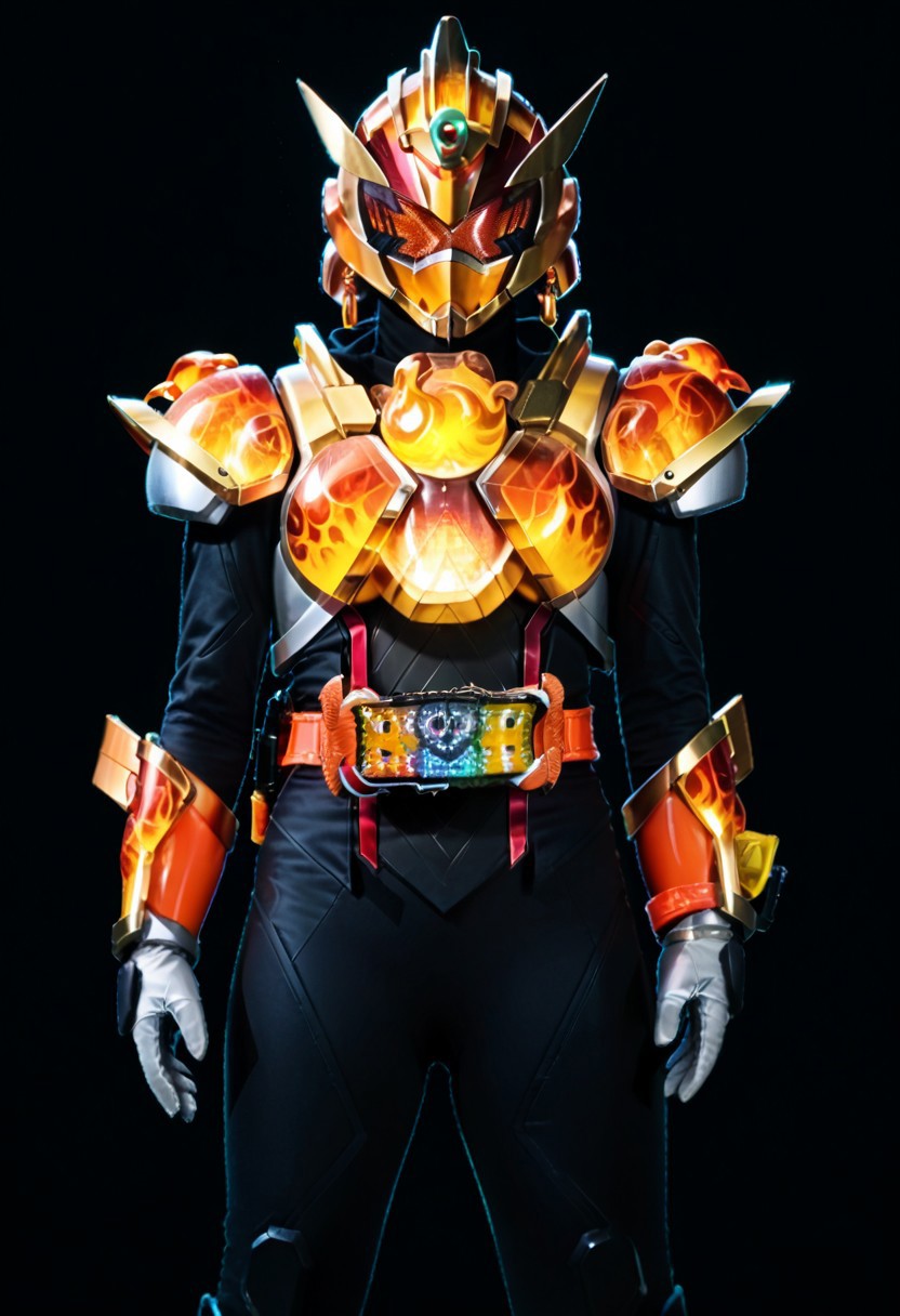 score_9, score_8, score_7, 1girl, alchemis, solo, armor, tokusatsu, bodysuit, helmet, rider belt, gotchard fire