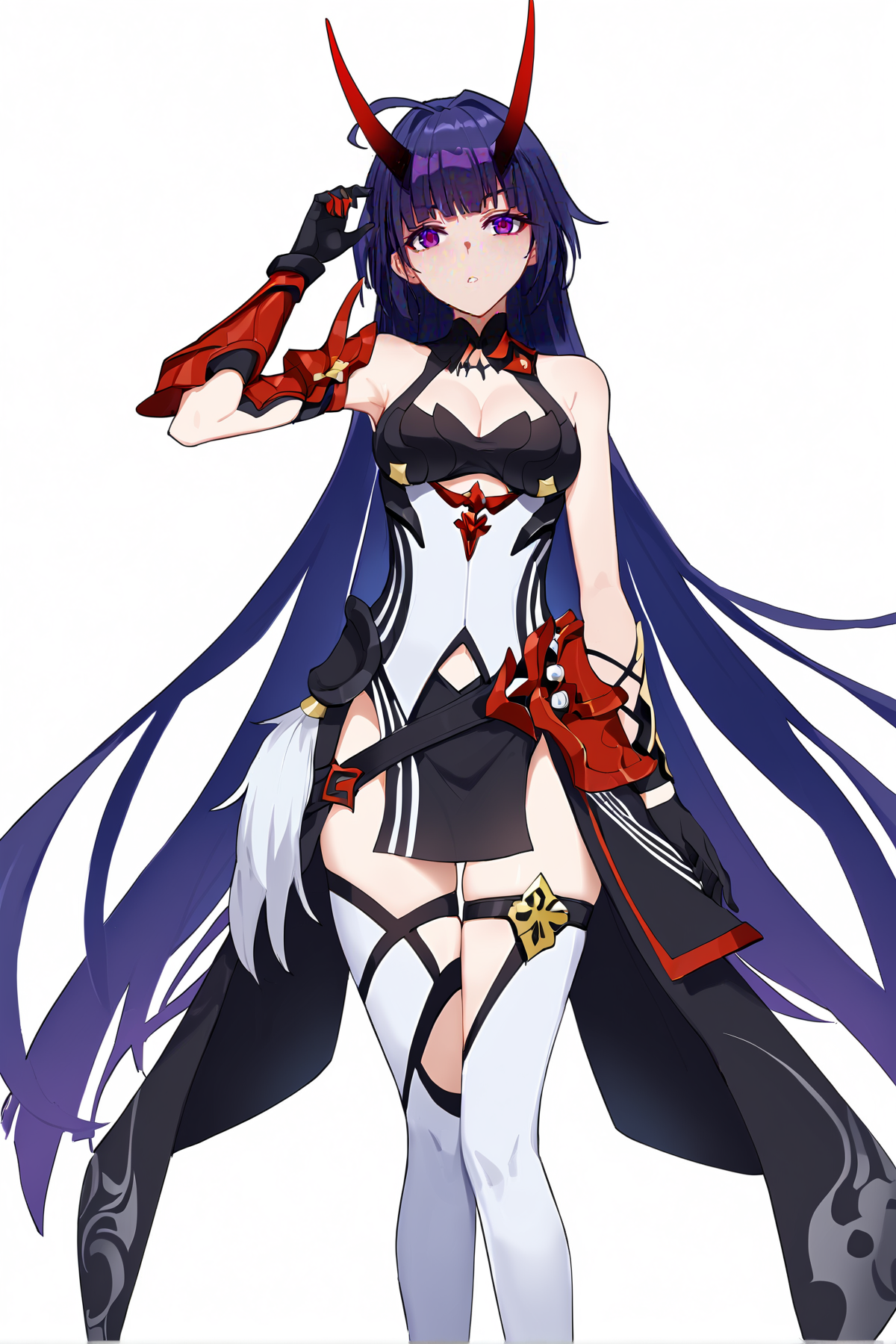 score_9, score_8_up, score_7_up, score_anime, 8k, best quality, masterpiece, (ultra-detailed), (white background,simple background:1.3), solo, hands on hip, (full body:1.1), looking at viewer, 
<lora:pony-Ldart_xl-000008:0.6>, masterpiece, best quality, 
<lora:RaidenMei(adult)-pony-Tanger:0.7>, 3rd clothes, leilv, japanese armor, red horns, 1girl, raiden mei, long hair, purple eyes, purple hair, white thighhighs, bare shoulders, cleavage, black glove, bangs,