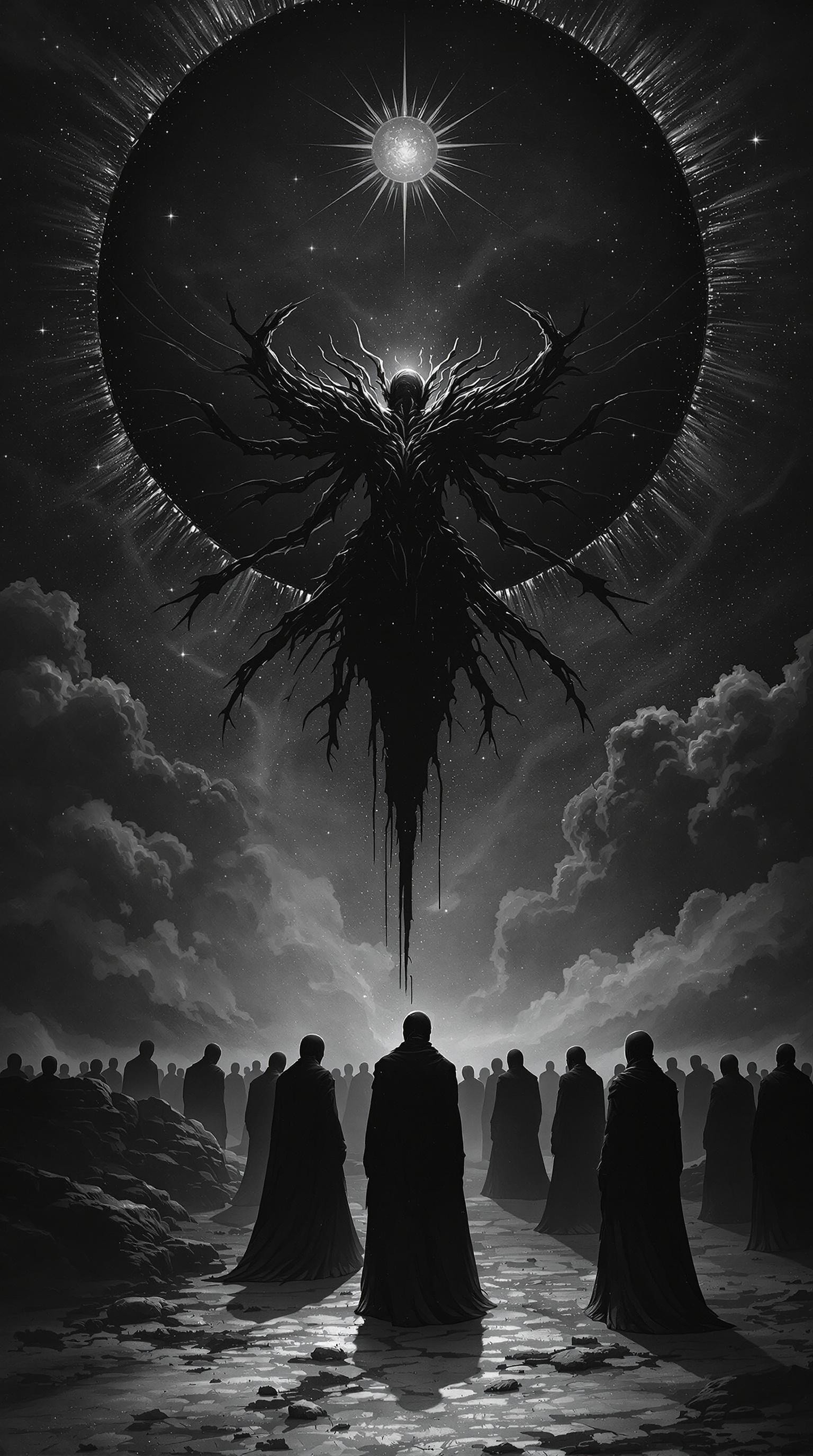 Black Sun,  lonely human figures, backs turned, faces obscured, cloaked in shadow, a splendid matte painting by Nekro