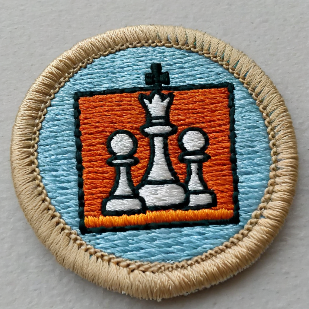 macro photograph of a circular embroidered patch of  a Chess icon, in meritbadge style, plain background, extremely detailed, contrasting complementary colors, vignette, symmetry, centered, <lora:meritbadge_StyleXLv7.0:1>