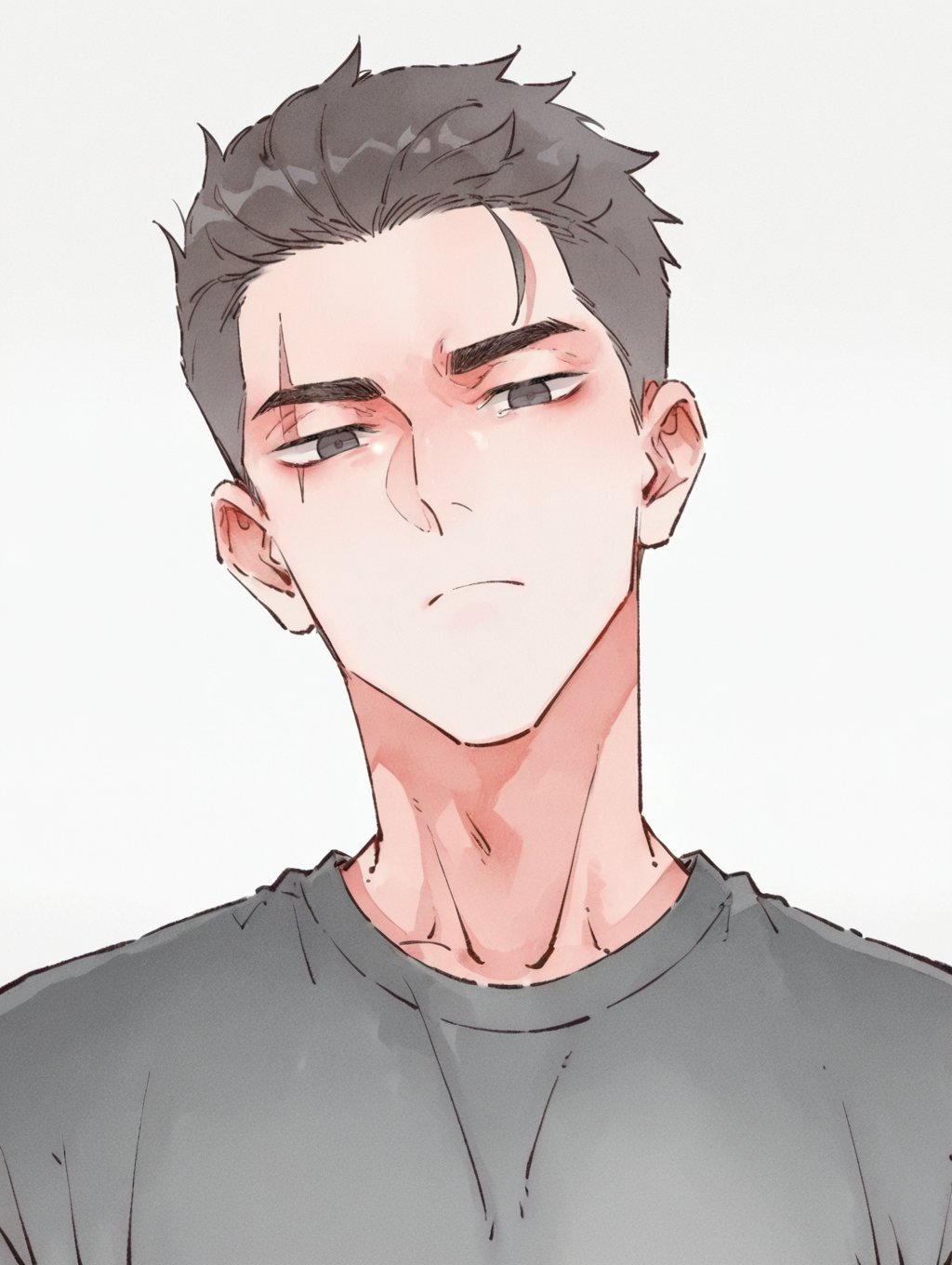 uncensored, intricately detailed illustration, masterpiece, best quality, amazing quality, very aesthetic, absurdres, newest, watercolor (medium), male focus, QiShiAOY, black hair, black eyes, scar across eyes, 1boy, solo, headshot, looking at viewer, headtilt, neutral facial expression, shirt, simple background, white background