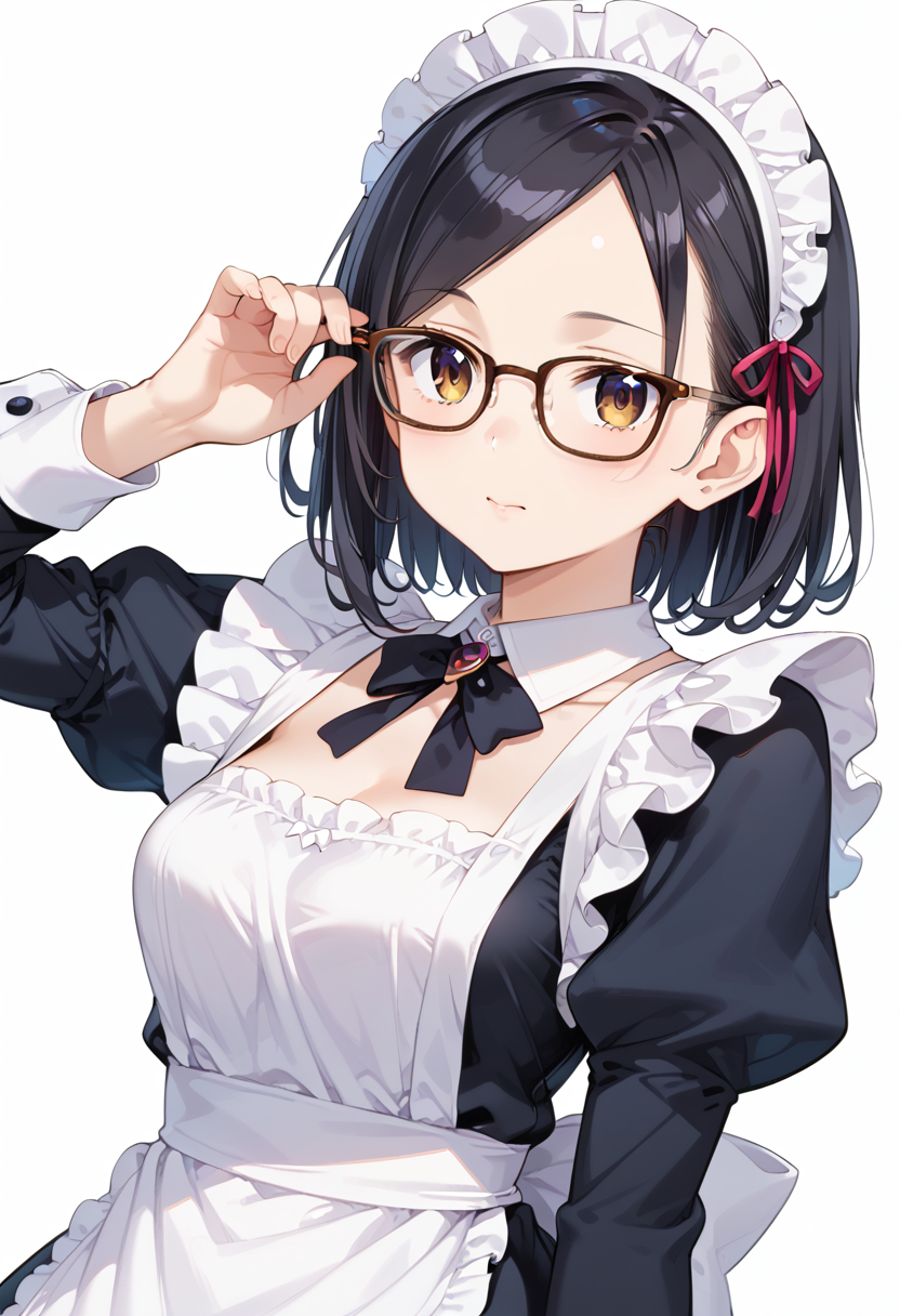 score_9, score_8_up, score_7_up, rating_safe, masterpiece, best quality, absurdres, unity 8k wallpaper, official art, official style, source_anime, uncensored, game cg, megami magazine,
1girl, solo, black hair, medium hair, upper body, covered eyes,maid, maid headdress, black dress, maid apron, face focus,
Wellington24S, glasses, white background, simple background, brown-framed eyewear
 <lora:glasses_Wellington24S_PONY_V1:1>