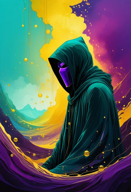 oniric portrait of a tall cloaked figure with a purple mask and green neon clothing, Azem the Traveler, yearning to explore the ends of the world to discover its wonders and help its denizens, by Andy Kehoe, a gradient masterpiece, blue cyan yellow, Rococopunk, luminism, seamless, China ink, Ink Bubbles, Gold leaf lines, alcohol ink elements, curved lines, cinematic, realism, chiaroscuro, Shadow play, Gold leaf small lines, bright splashes of alcohol ink puddles, volumetric light, auras, rays of sunlight, bright colors reflect, isometric, digital art, smog, pollution, toxic waste, chimneys and railroads, 3d render, chromatic aberration, octane render, volumetrics, by greg rutkowski