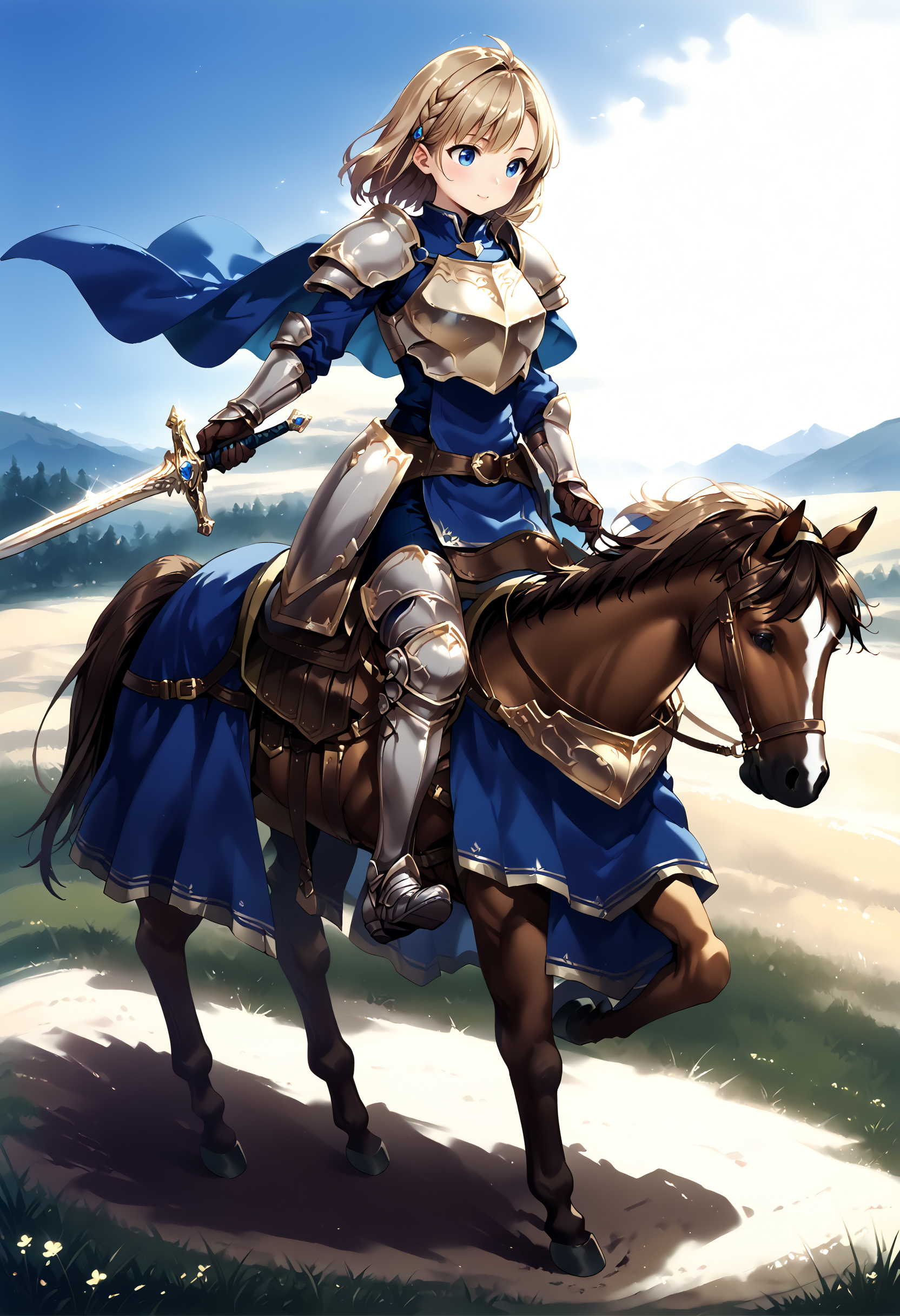 zPDXL3,extreme detailed,full_body BREAK nature,field,
<lora:Pony_DetailV2.0:1> BREAK 1girl,Cavalier,armor,cape,gloves,horse,horseback riding,(holding sword:1.4),<lora:cavaliar-v3-pony:0.9>,