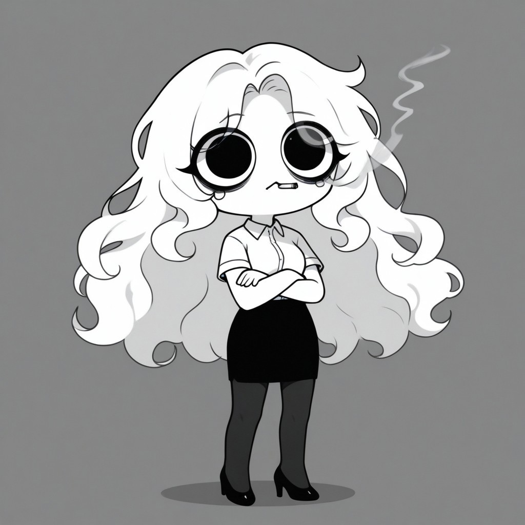 Xiaro, 1girl, solo, monochrome, big eyes, long wavy white hair, white short-sleeved office shirt, black skirt, black pantyhose, black heels
 Xiaro smoking with his arms crossed, dark circles under his eyes. Cartoon