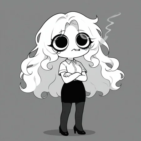 Xiaro, 1girl, solo, monochrome, big eyes, long wavy white hair, white short-sleeved office shirt, black skirt, black pantyhose, black heels
 Xiaro smoking with his arms crossed, dark circles under his eyes. Cartoon