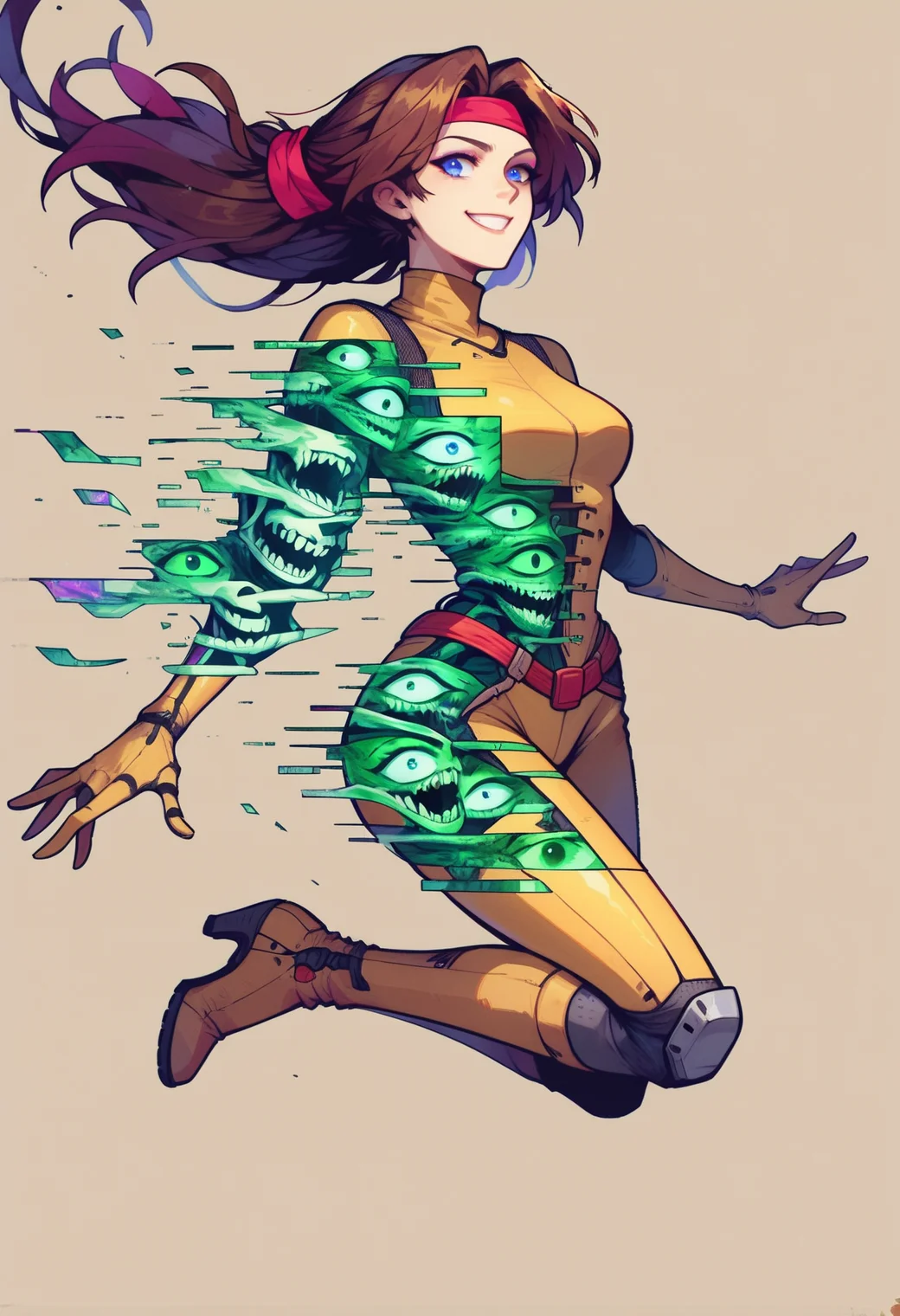 score_9, score_8_up, score_7_up, 1girl, Jessie Rasberry, golden bodysuit, elbow gloves, high heel boots, smirk, jumping, simple background, brown background, <lora:ghostglitch-civit:1> ghostglitch, skeleton, extra eyes