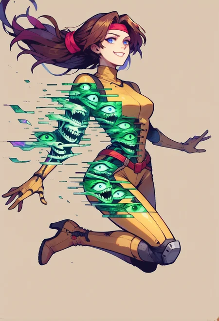 score_9, score_8_up, score_7_up, 1girl, Jessie Rasberry, golden bodysuit, elbow gloves, high heel boots, smirk, jumping, simple background, brown background,  <lora:ghostglitch-civit:1> ghostglitch, skeleton, extra eyes