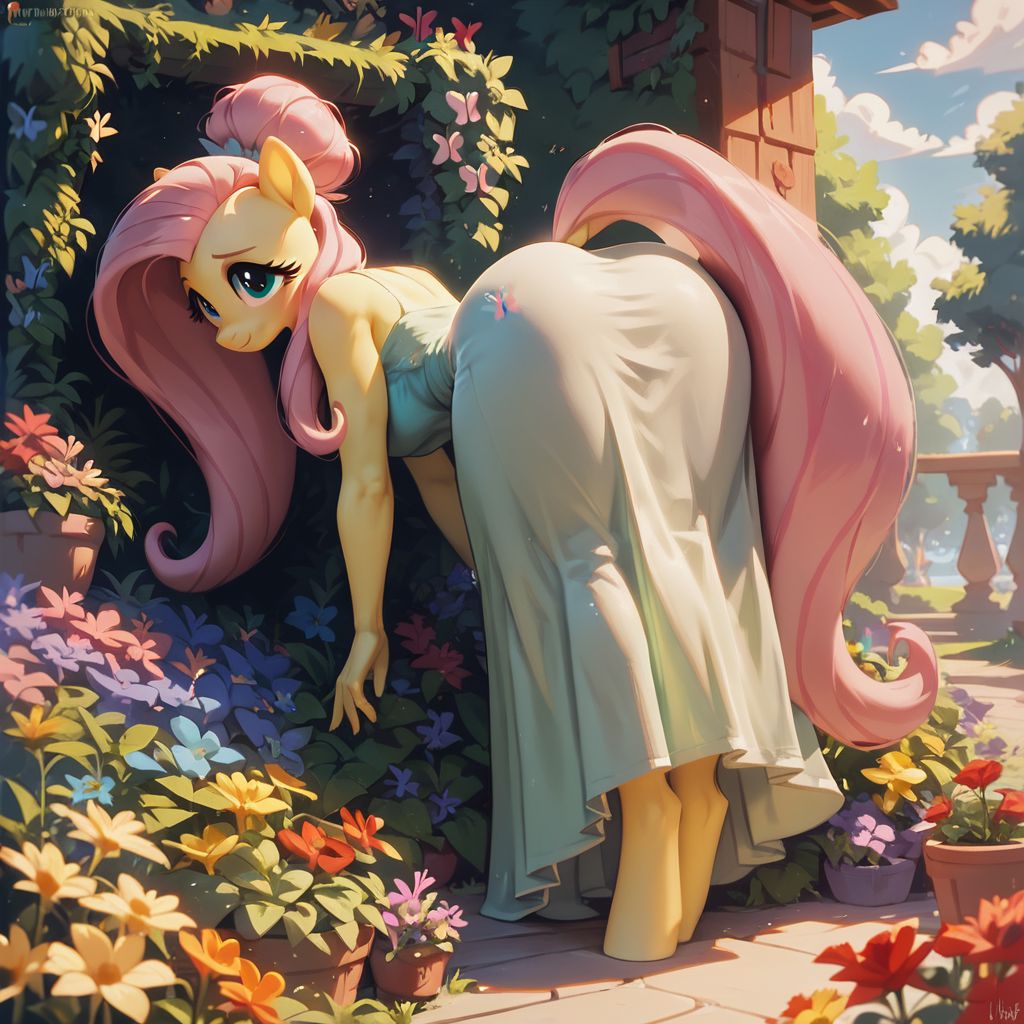score_9, score_8_up, score_8, Fluttershy \(mlp\), pony anthro, summer dress, in the garden, flowers, wide hips. bending over planting flowers