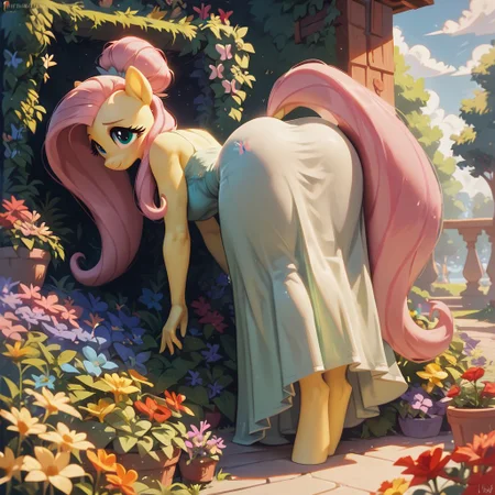 score_9, score_8_up, score_8, Fluttershy \(mlp\), pony anthro, summer dress, in the garden, flowers, wide hips. bending over planting flowers