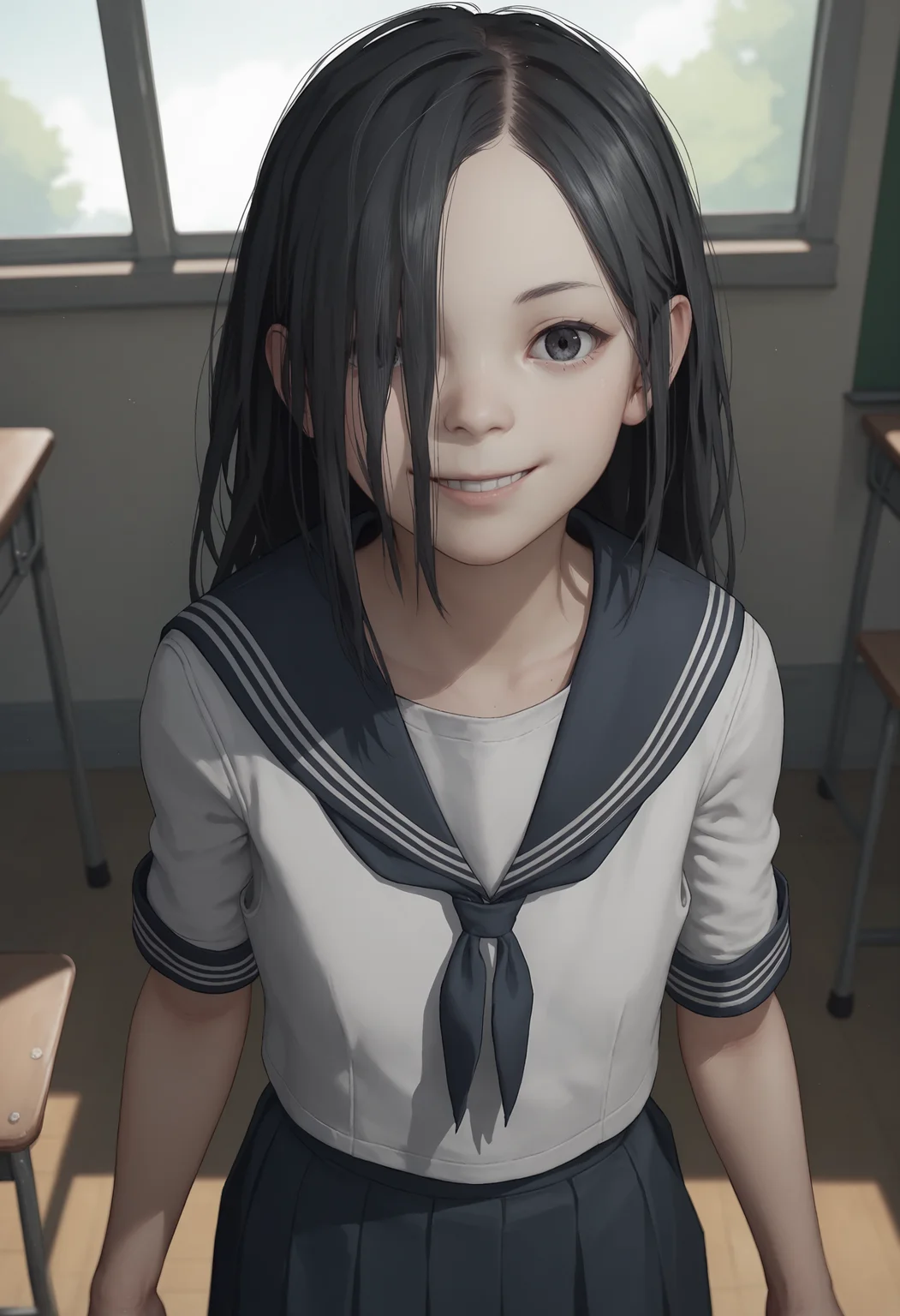 score_9, score_8_up, score_8, source_anime, 1girl, <lora:Eveline:0.75> solo, flat chest, white skin, pale skin, long hair, black hair, hair over one eye, seifuku, sailor outfit, looking at viewer, view from above, happy,
classroom, indoors background, window,