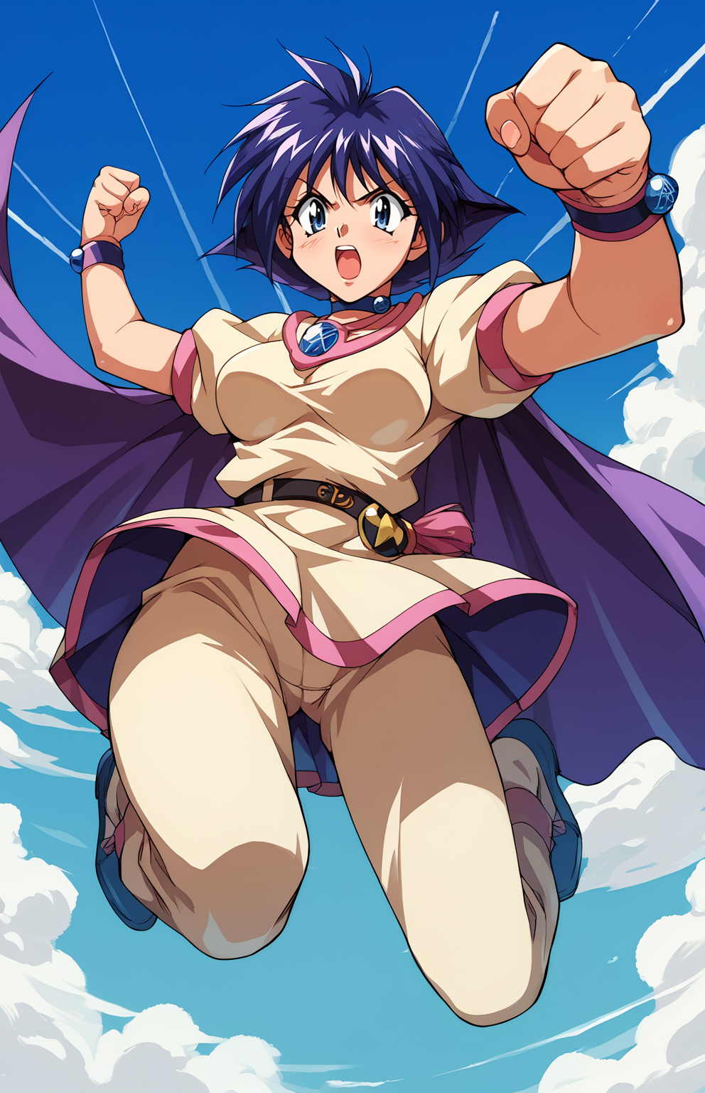 score_9,score_8_up,score_7_up,score_6_up BREAK source_anime,rating_explicit,masterpiece,best quality,detailed background,<lora:Amelia_Wil_Tesla_Saillune_Slayers_culty:0.8>,amelia,1girl,short hair,blue eyes,purple hair,retro artstyle,1990s (style),pentacle,choker,short sleeves,cape,skirt,pants,full body,fighting stance,punching,jumping,from below,face focus,close-up,