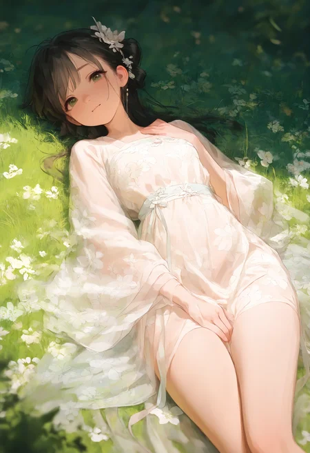 masterpiece, best quality, amazing quality, very aesthetic, absurdres, newest, a hanfu girl,cute,gentle eyes, lying on the grass,
delicate Chinese hanfu,floral print, see-throughï¼
peaceful, Depth of Field,
looking at viewer, BREAK Bright picture,Global Illumination,Bright And Sunny Lighting, <lora:ponyv4_noob1_2_adamW-000017:0.6> <lora:USNR_STYLE_XL_lokr:0.5>