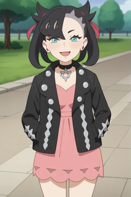 score_9, score_8_up, score_7_up, score_6_up, score_5_up, score_4_up, BREAK source_anime, 1girl, solo,
<lora:PokemonMarnieXL-v1-06:0.7>, ChopioMarnie, black hair, medium hair, twintails, undercut, pink hair ribbon, asymmetrical bangs, aqua eyes, eyelashes, pink earrings, looking at viewer,
mature female, [small breasts : medium breasts: 10], black nail polish,
outfit_1, black jacket, black choker, jewelry, open jacket, studded jacket, long sleeves, pink dress,
standing, smile, thighs, cowboy shot,
park, grass, stone path, lamppost, sunny, hands in pockets, knees, open mouth,