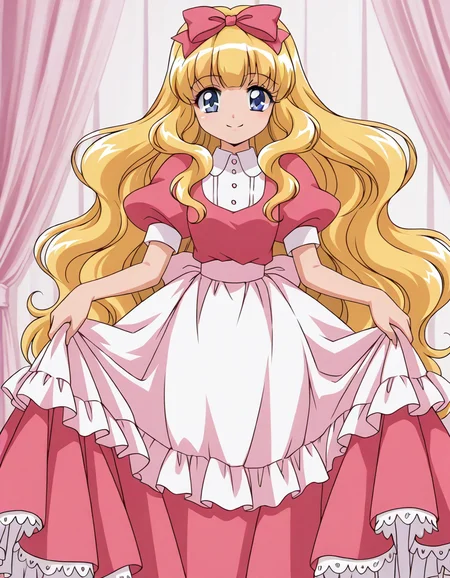 <lora:AliceSOS_noob_v10-000008:0.85> masterpiece, best quality, 1girl, solo, anime coloring,
alice \(alice sos\), pink dress, white shirt, bow hairband, waist apron
looking at viewer, smile, holding skirt