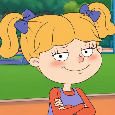 solo, 1girl, blush, smug at viewer, upper body, child, blonde hair, twintails, crossed arms, dress, hair bow, short twintails, park playground, <lora:hhs1-000009:1.2>, <lora:ang2021:0.8>,