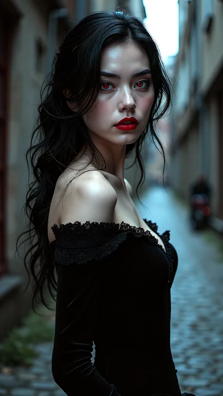Masterpiece,half-body shot,an elegant 24-year-old vampire girl,realistic skin blemishes,mystique amidst the shadows,elegance and gothic allure,Ethereal beauty,slim body,perfect face,piercing eyes,red iris,aggressive,porcelain complexion,accentuated by eyes that gleam,outdoor,dark alley,dark mood,subtle smirk on her lips,pretty features,amazing beauty,Royo,Bak,from below,cinematic angle,.embedding:EZRealPONYXL,