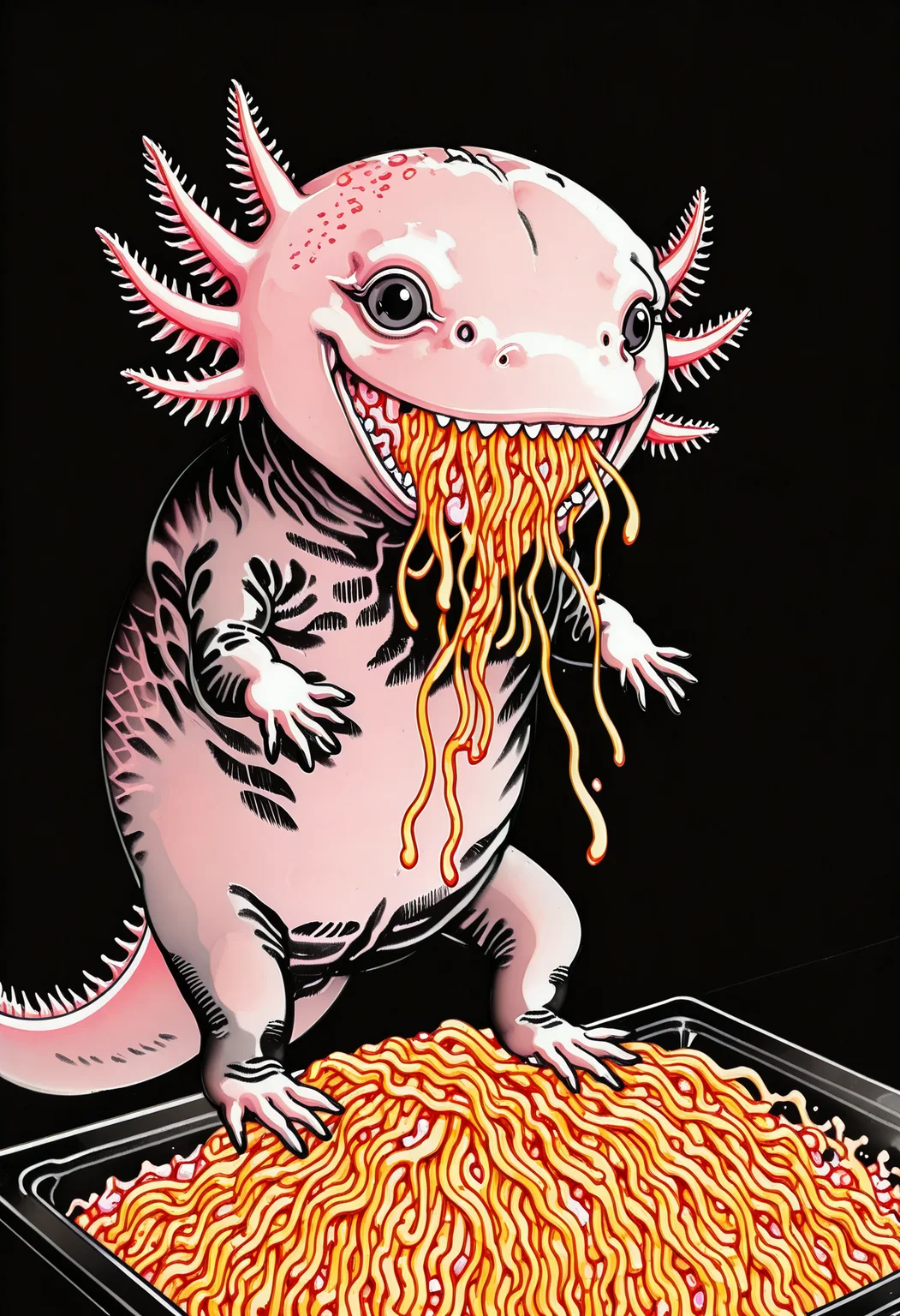 skstyle, horror (theme), highly-detailed, best quality, masterpiece, very aesthetic, axolotl, solo, cute, eating spaghetti, black background