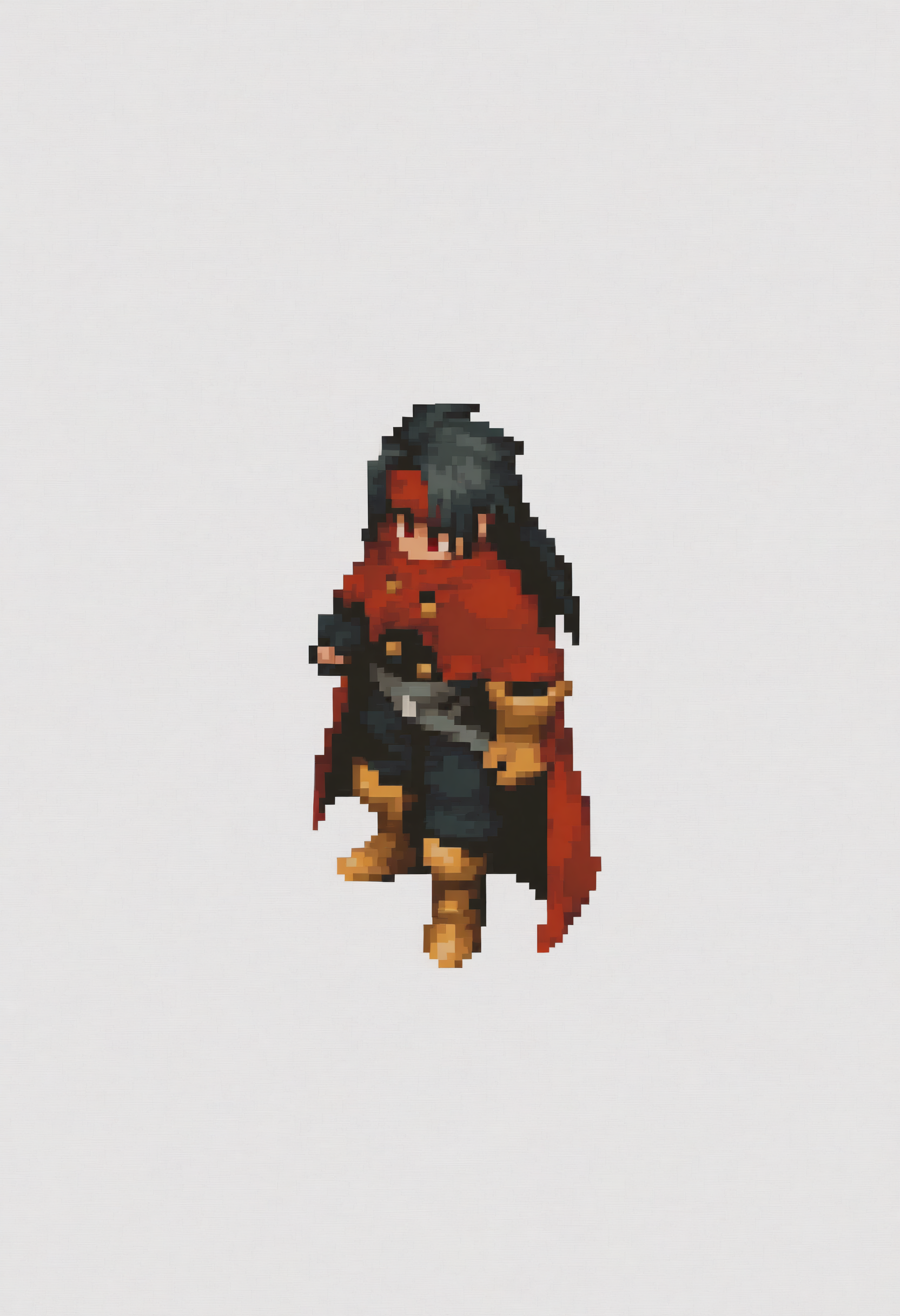 masterpiece, best quality, solo, 1boy, <lora:Vincent-valentine-illus_Fp:1>, vincentff7, black hair, red eyes, long hair, red headband, red headband, red cloak, buckle, black shirt, black pants, single gauntlet, multiple belts, single fingerless glove, armored boots,  <lora:FFT-Sprites-illus_Fp:1>, looking at viewer, from side, full body, standing, solid oval eyes, no mouth, no nose, pixel art, simple background, white background,