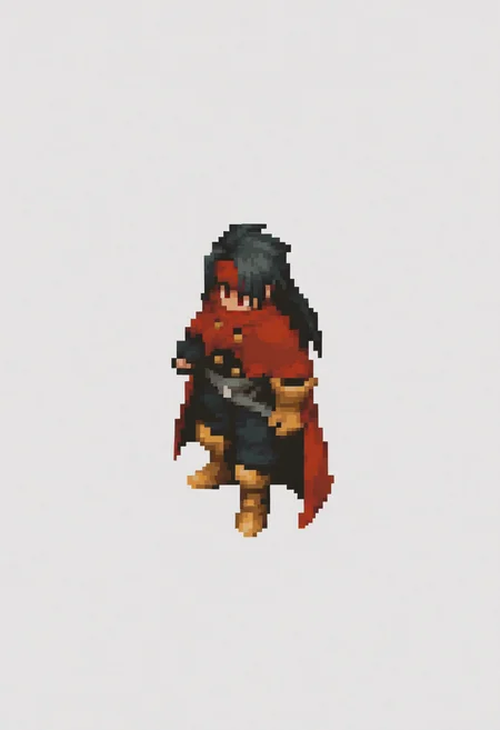 masterpiece, best quality, solo, 1boy, <lora:Vincent-valentine-illus_Fp:1>, vincentff7, black hair, red eyes, long hair, red headband, red headband, red cloak, buckle, black shirt, black pants, single gauntlet, multiple belts, single fingerless glove, armored boots,  <lora:FFT-Sprites-illus_Fp:1>, looking at viewer, from side, full body, standing, solid oval eyes, no mouth, no nose, pixel art, simple background, white background,