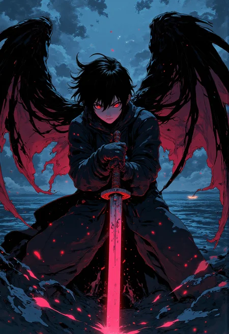 A fallen angel kneels on an infinite plane of black water, their wings dissolving into multicolored embers as they cradle a sword of jagged obsidian. The surface beneath them reflects distorted images of their anguish, creating a hauntingly beautiful kaleidoscope of blue, red, and silver light. Their hair, impossibly long and glowing faintly with violet streaks, flows in an unseen wind, and the expression on their face is a devastating mixture of fury and heartbreak. Behind them, the horizon glows faintly, as though a new dawn is breaking through the darkness. FOV 90 degrees, POV shot, short lighting, 3/4 view, full shot