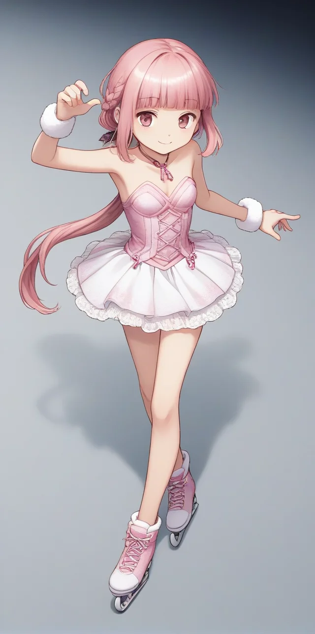 score_9, score_8_up, score_7_up, source_anime,
at skating rink, winter, dancing pose, from above,
<lora:tamakiiroha_01XLP:0.8>, tamakiiroha, low ponytail, long ponytail,braid,pink hair, blunt bangs, sidelocks, pink eyes,
light smile,
1girl, solo, small breasts,
ice skates, ice skating