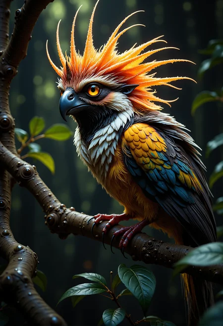 cinematic film still An extraordinary bird-of-paradise perches on a branch of a tree, representing an undiscovered species. Its plumage dazzles in vibrant shades of orange and yellow and white, with distinctive protruding feathers atop its head. The bird's presence exudes an air of mystery and allure, embodying the beauty of undiscovered biodiversity. photography, Natural geographic photo, Hyper-realistic, 16k resolution, (masterpiece, award winning artwork), many details, extreme detailed, full of details, Wide range of colors, high Dynamic, theW3iRDi3Sv2, style of Chromolithography, midjourneyv6.1, mythp0rt, aiai-Glimra <lora:FluxMythP0rtr4itStyle.safetensors:0.5>,  <lora:dark_fantasy_flux.safetensors:0.5>,  <lora:aiai-Glimra-Flux-Dev-v2.safetensors:0.5>,  <lora:ARTifacts.safetensors:0.25>,  <lora:Movie_Portrait.safetensors:0.5>,  <lora:m100-style_v.02.safetensors:0.5>,  <lora:The Weirdies [Flux]_R.safetensors:1.0>,  . shallow depth of field, vignette, highly detailed, high budget, bokeh, cinemascope, moody, epic, gorgeous, film grain, grainy