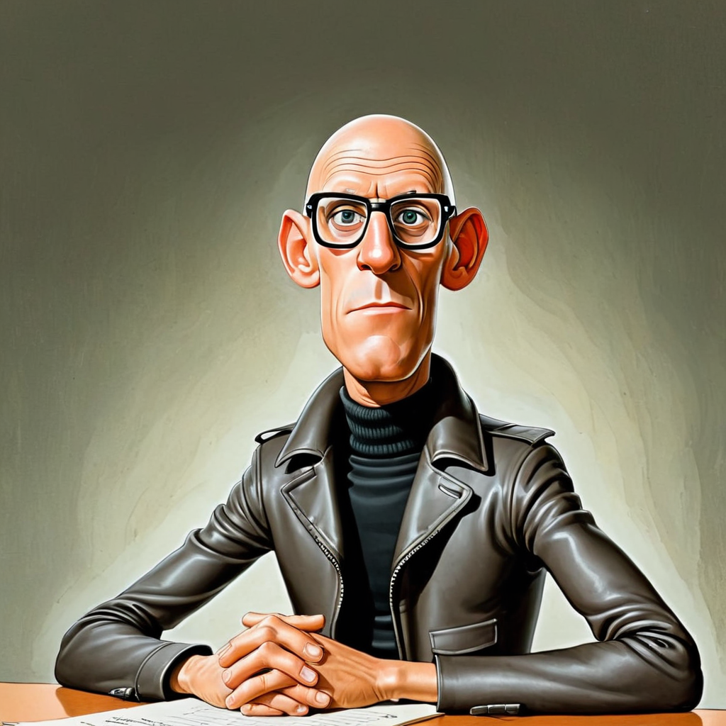 cartoon of (michelfoucault:1.3) man, turtleneck, unbuttoned black leather biker jacket, bald nerd, , (  donmartin style:1.2)  ( caricature:1.3), HQ, high resolution, ,  solo,  fisheye lens closeup, extremely  Boredexpression ,  hyper-realistic,  upper body, arms and hands,  detailed eyes, by don martin, plain dark background, rim lighting, vignette <lora:DonMartin_StyleXLv7.0-000024:0.75>   <lora:michelfoucaultXL_10-17-23_v1.6:0.9>