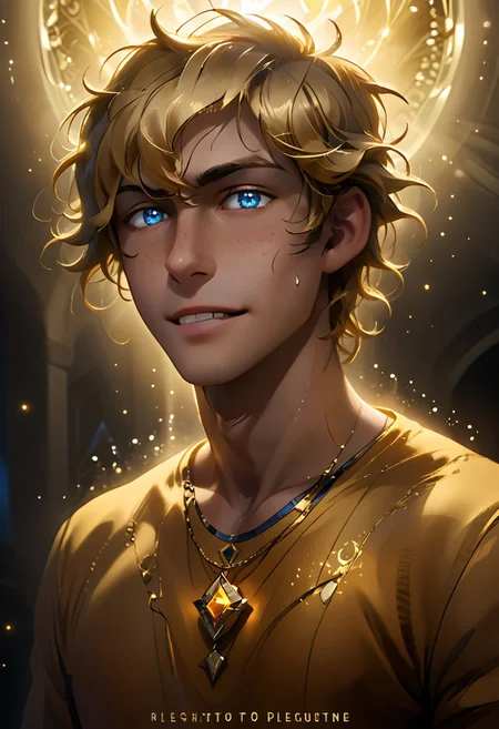 score_9, score_8_up, score_7_up, masterpiece, (((1boy, manly, male focus))), Will Solace, blonde hair, shaggy hair, (blue eyes), best quality, of a divinely handsome demigod standing before the golden sun, (breathtaking cover image:1.1), necklace with colorful beads, tanned skin, freckles, masterpiece quality, face full of freckles, chiaroscuro, low-key, (divine summoning background:1.1), very aesthetic, (ascension pose:1.15), iridescent, rating: explicit, BREAK loving look, serene smile, toned muscles, orange toga, athletic figure, blushing, sun theme, arousing, sensual, sweaty, saliva, (holy glow silhouette:1.1), glittering blonde hair, floating hair, BREAK (fiery clothing effect:1.2), majestic, (realistic detailed skin:1.15), (amazing detail:1.1), bokeh, light particles, depth of field, golden, zPDXL2, glowing eyes, (dark:1.2), ultra-highres, 8k, mystical aura, atmospheric, dramatic composition, triadic colors, perfect contrast, fantasy, ((sapphire eyes)), Greek temple background, Expressiveh, looking at viewer, view from below, fantasy_toga