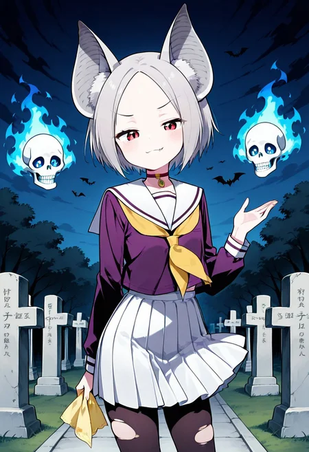 smasterpiece, best quality, amazing quality,, Score 9, Score 8, Score 7, Score 6, Score 5, Score 4, 1 girl, solo, original anime,
Chii Suimori, bat girl, short hair, (gray hair: 1.2), bat ears, fluff on ears, bald forehead, flat chest(red eyes: 1.1),
skirt, school uniform, pleated skirt, serafuku, white skirt, shirt, purple shirt, sailor collar, white sailor collar, long sleeves, handkerchief, yellow handkerchief, long pantyhose, black pantyhose, choker with cross
(torn clothes:1.2), skeleton hand, floating, blue fire in the adomen, in a cemetery, frowning, annoying, blue fire,looking at the viewer, serius, smug smile