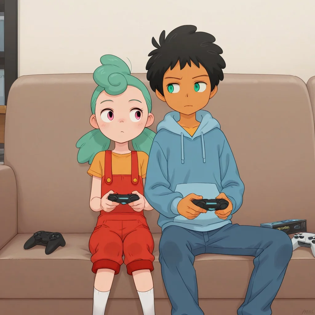 score_8, score_9, break, makki_cc, (1boy, max_cc, dark-skinned male, black hair, hoodie, green eyes), break, (1girl, nikki_cc, green hair, pink eyes, overalls), sitting, sofa, game controller, looking at another