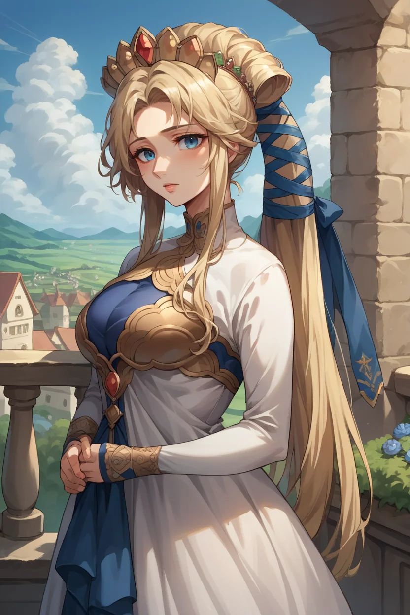 score_9, score_8_up, score_7_up, score_6_up, source_anime, 1girl, solo, <lora:fenyna-pdxl-nvwls-v1-000005:1> fenyna, blonde hair, hair ribbon, crown, white dress, long dress, long sleeves, large breasts, upper body, clouds, blue sky, balcony, medieval, rural village, looking at you