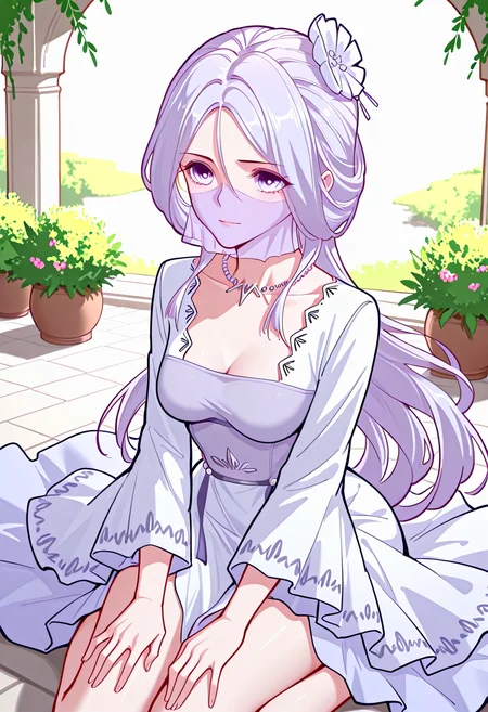Chu_Qingcheng_IL,1girl,long purple hair,wavy hair,Soft wavy strands,hair ornament,parted bangs,purple eyes,hair between eyes,necklace,medium breasts,soft light purple veil,white dress,layered dress,pearl accents,high slit dress,wide sleeves,ornamental belt,waist gems,<lora:Chu_Qingcheng_IL:1>,
(Character), score_9,score_8_up,score_7_up,masterpiece,best quality,absurdres,perfect anatomy,1girl,solo,wariza,sitting,hands on own knees,garden background,