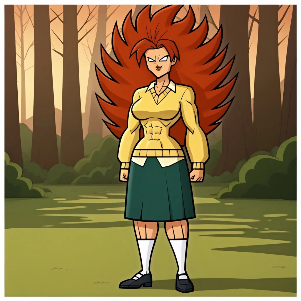 score_9, score_8, BREAK, solo, 1girl, yellow sweater, collared shirt, green skirt, white socks, black footwear, red hair, long hair, spiked hair, blank eyes, no pupils, muscular muscular female, abs, alternate muscle size, tall, big breasts, total drama, Evil_Scarlett_(Total_Drama), tdpi, legendary super saiyan, sexy pose, smile, outdoors, sunlight, shadows, evening lighting, natural lighting, forest, trees, grass, orange sky, sunset
