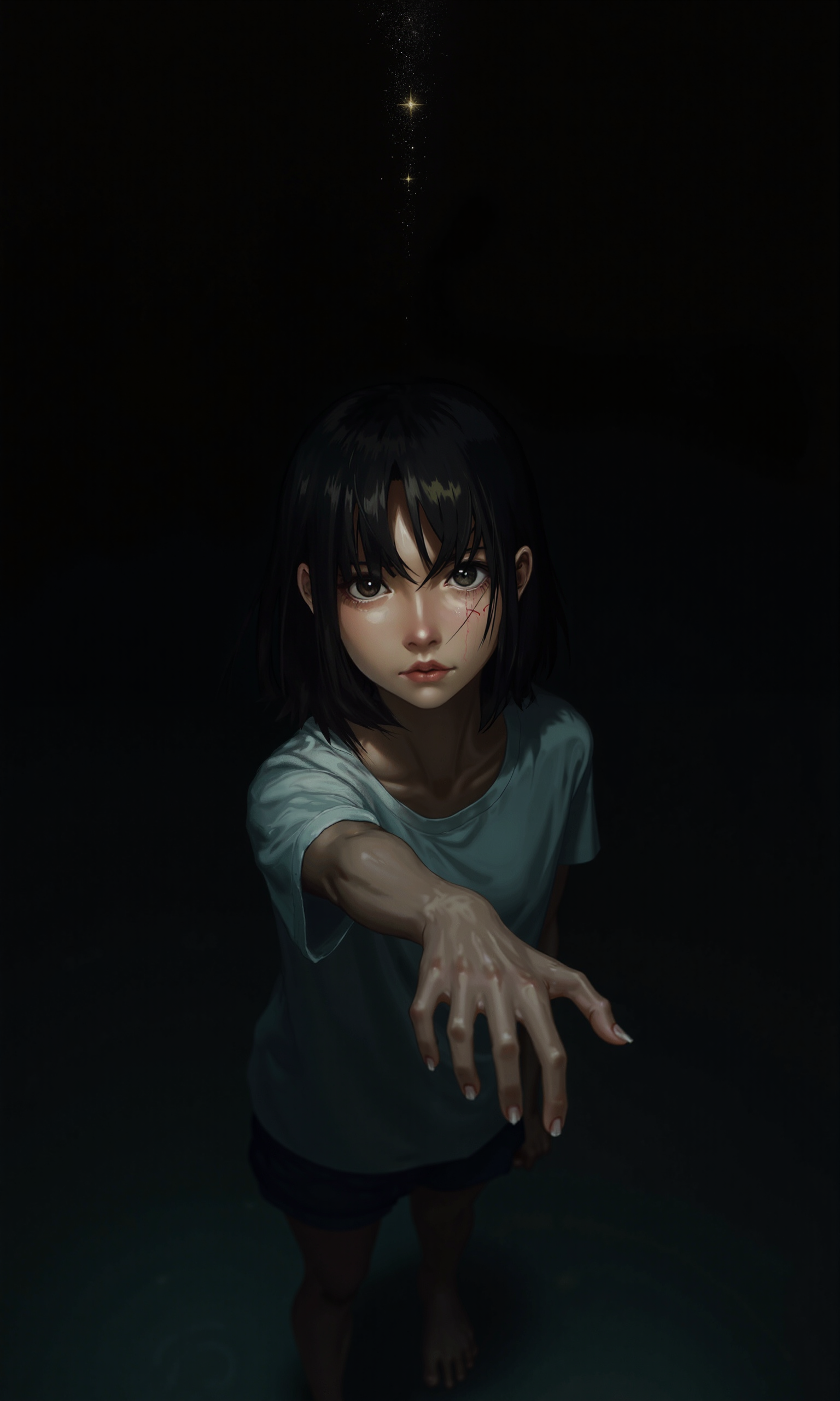 A cinematic shot of a Japanese teenage girl with short dark hair and a scar above her nose, stands against a simple black background, looking up and directly at the viewer with an outstretched hand as if reaching out, her head tilted with an expression of quiet desperation, captured in a wide shot from above, reminiscent of a tragic scene from a film directed by Akira Kurosawa, with high contrast lighting, a single softbox light source positioned above and to the left, casting a warm glow on her face, while the rest of the scene is shrouded in dramatic shadows, with a subtle film grain and a muted color grading palette of dark blues and greys, evoking a sense of melancholy and longing. The painting is in the style of umesky<lora:ume_sky_v2.safetensors:0.8:0.8>